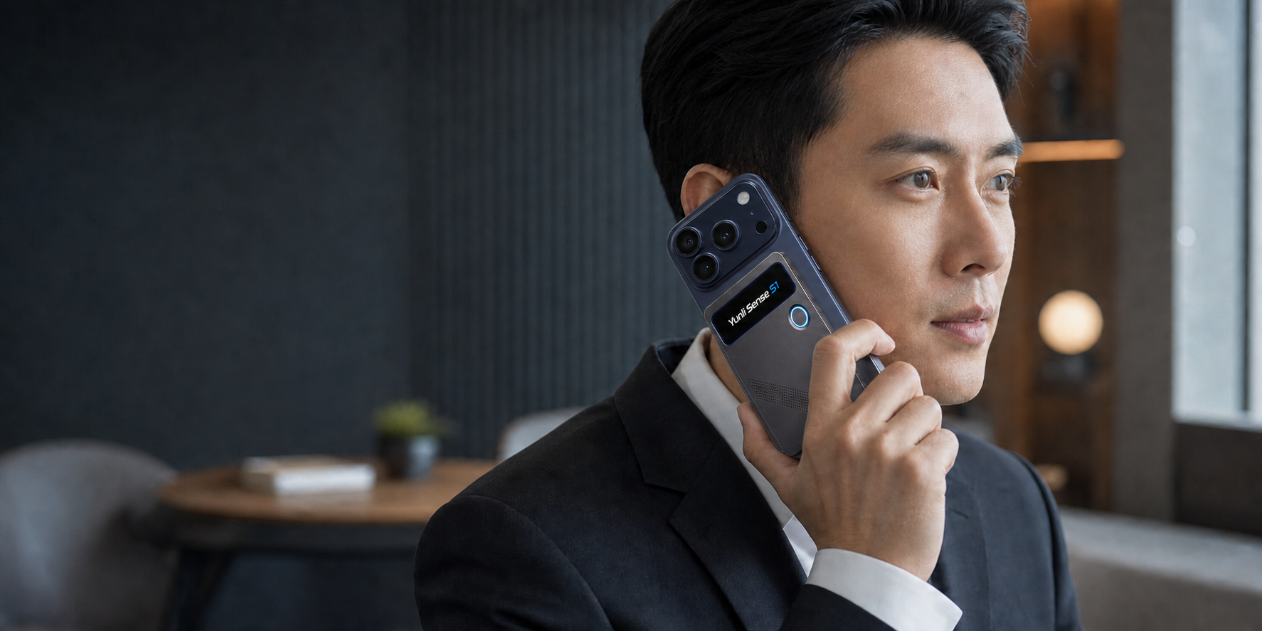 商务人士使用深蓝色 iPhone 17 Pro 打电话，手机背面贴附云粒 Sense S1 进行电话录音