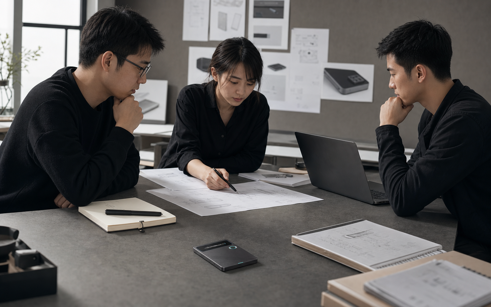 项目成员围桌讨论，云粒 Sense S1 平放在资料旁记录关键节点