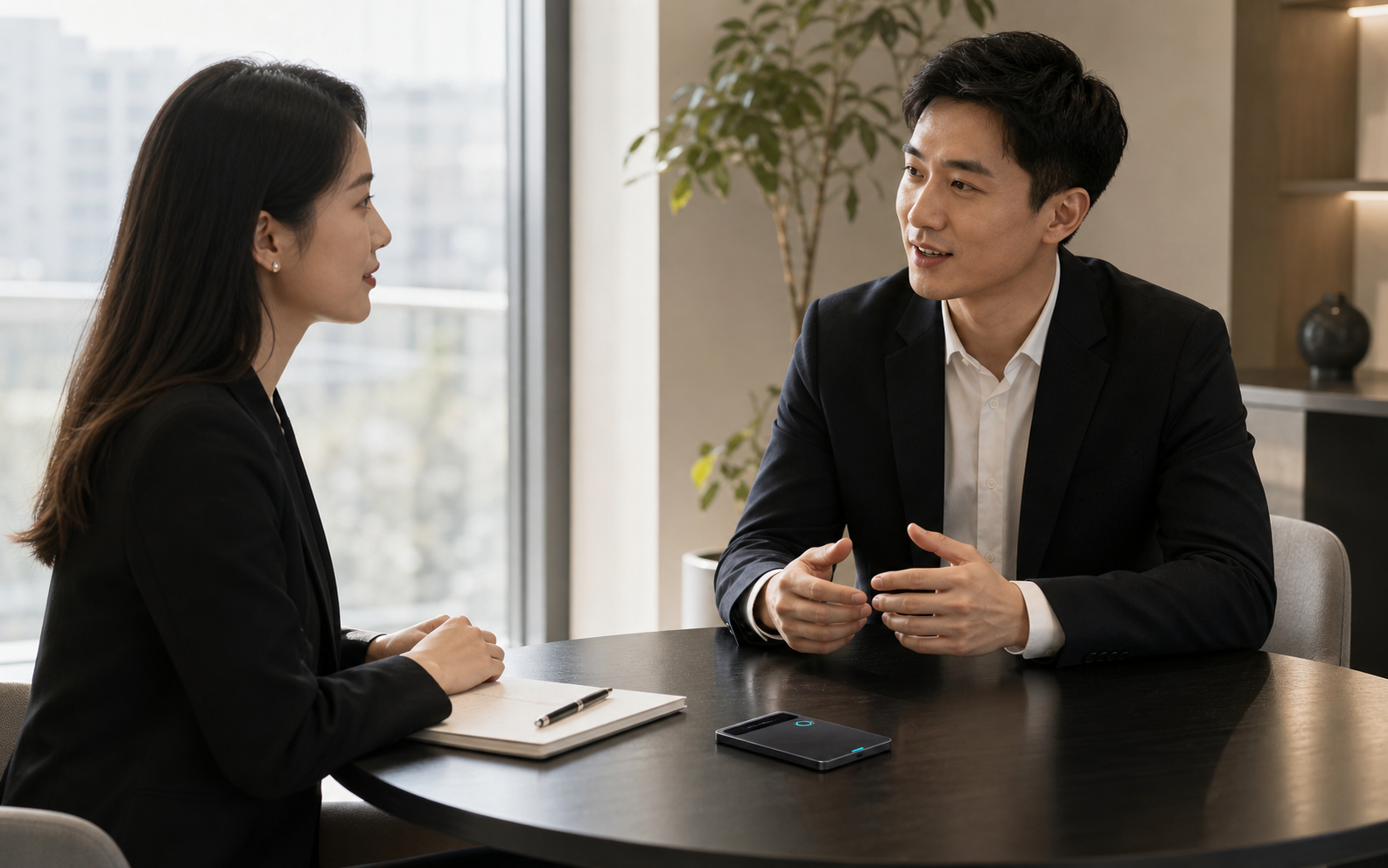 销售与客户面对面拜访，云粒 Sense S1 平放在桌面记录沟通