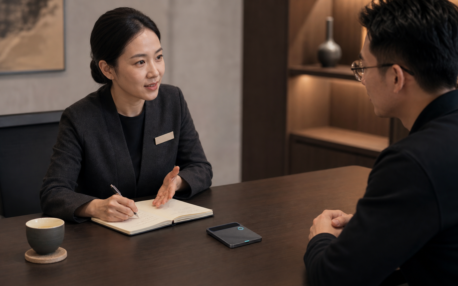 客户服务人员与客户沟通，云粒 Sense S1 平放在桌面
